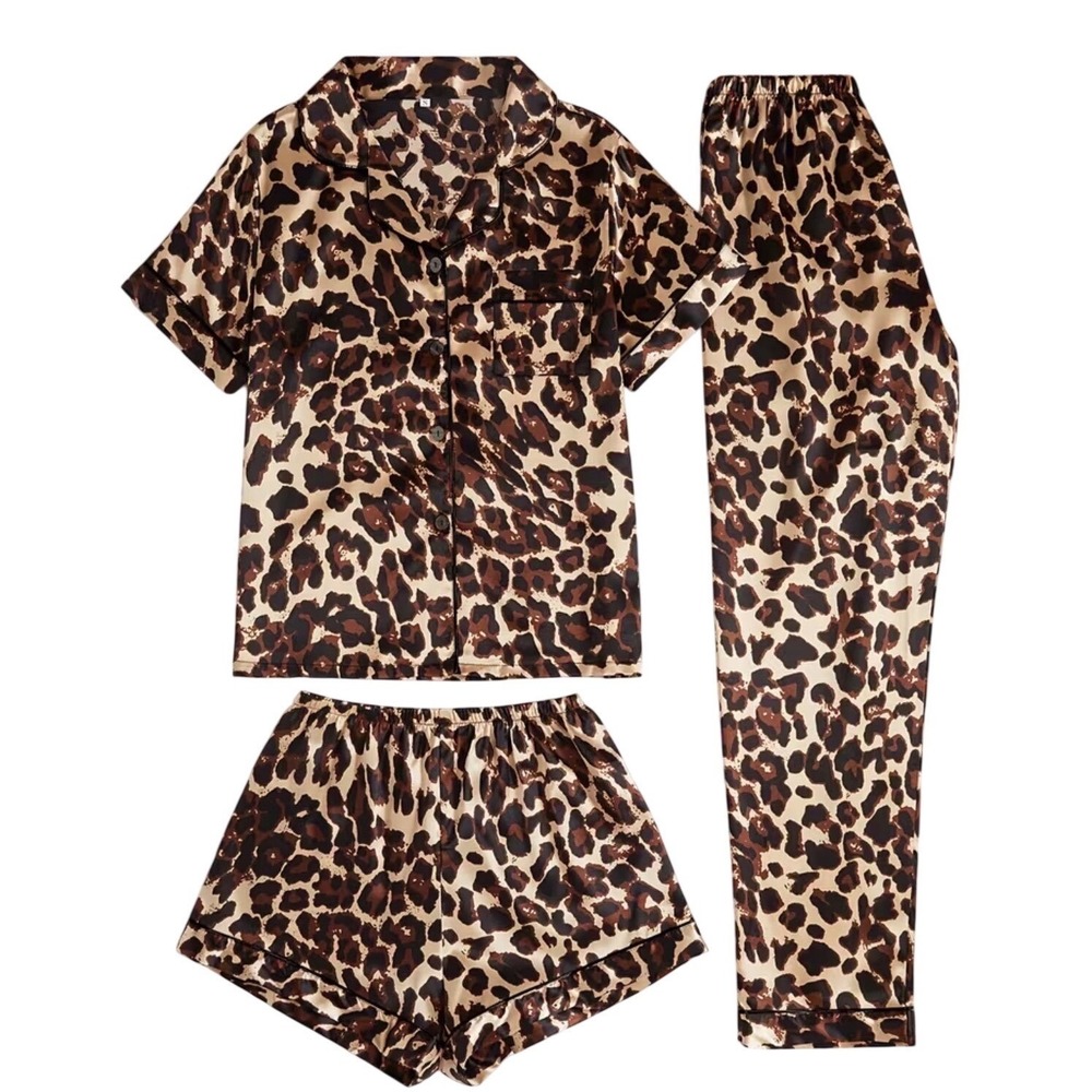 Leopard Soft Satin 3-Piece Pajama Set XL Short Sleeve Top Shorts Pants Tan Brown